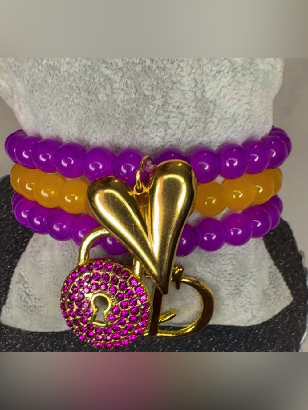 Gold Heart & Padlock Charm Bracelet with Purple and Yellow Glass Beads